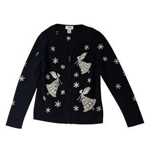 VTG Talbots Sweater Women's Medium Petite Black Angel Embroidered Wool Christmas